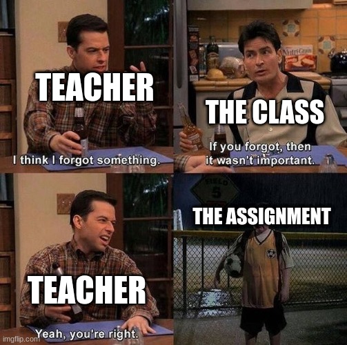 When the Teacher forgets to attach the assignment: | THE CLASS; TEACHER; THE ASSIGNMENT; TEACHER | image tagged in i think i forgot something meme | made w/ Imgflip meme maker