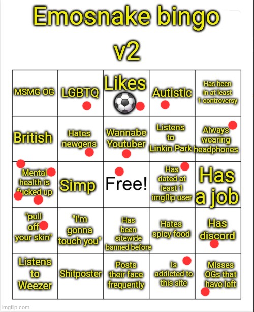 Emosnake bingo v2 | image tagged in emosnake bingo v2 | made w/ Imgflip meme maker