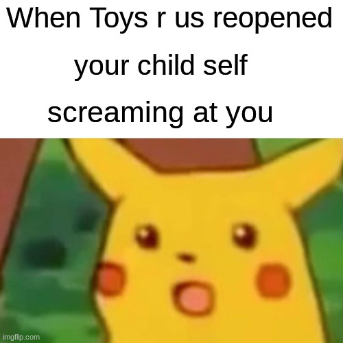 toys r us | When Toys r us reopened; your child self; screaming at you | image tagged in memes,surprised pikachu | made w/ Imgflip meme maker