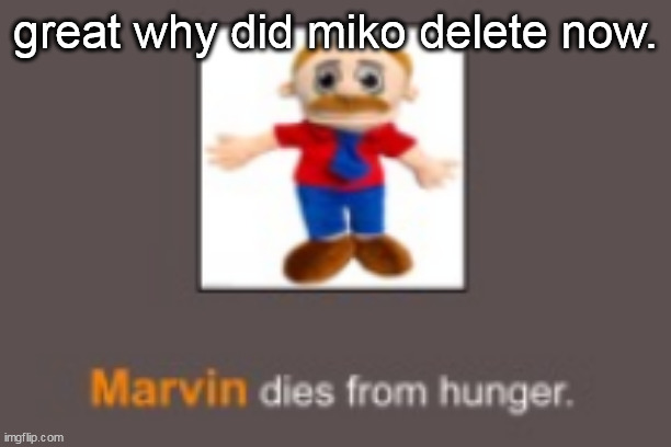 Marvin dies from hunger | great why did miko delete now. | image tagged in marvin dies from hunger | made w/ Imgflip meme maker