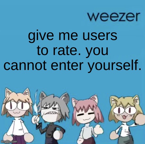 Weezer neco arc | give me users to rate. you cannot enter yourself. | image tagged in weezer neco arc | made w/ Imgflip meme maker