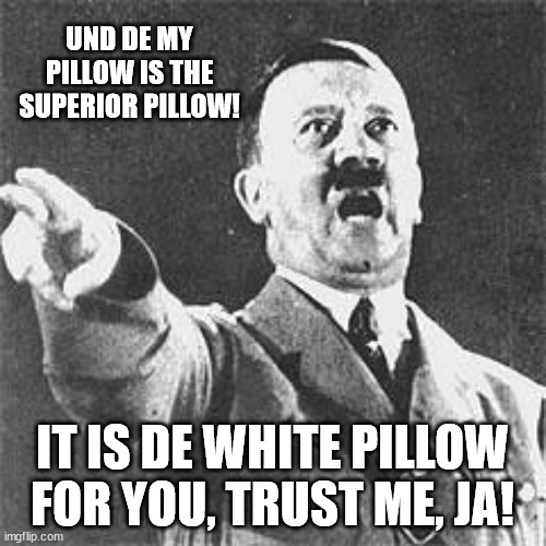 Hitler | UND DE MY PILLOW IS THE SUPERIOR PILLOW! IT IS DE WHITE PILLOW FOR YOU, TRUST ME, JA! | image tagged in hitler | made w/ Imgflip meme maker