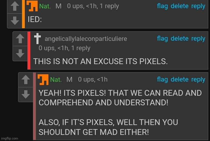 "It's pixels" mfs when they find out pixels can be arranged to make literally anything" | made w/ Imgflip meme maker
