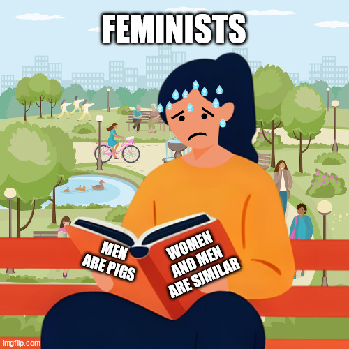 The Feminist Dilemma | FEMINISTS; WOMEN AND MEN ARE SIMILAR; MEN ARE PIGS | image tagged in feminism,anti-feminism,equality,gender equality | made w/ Imgflip meme maker