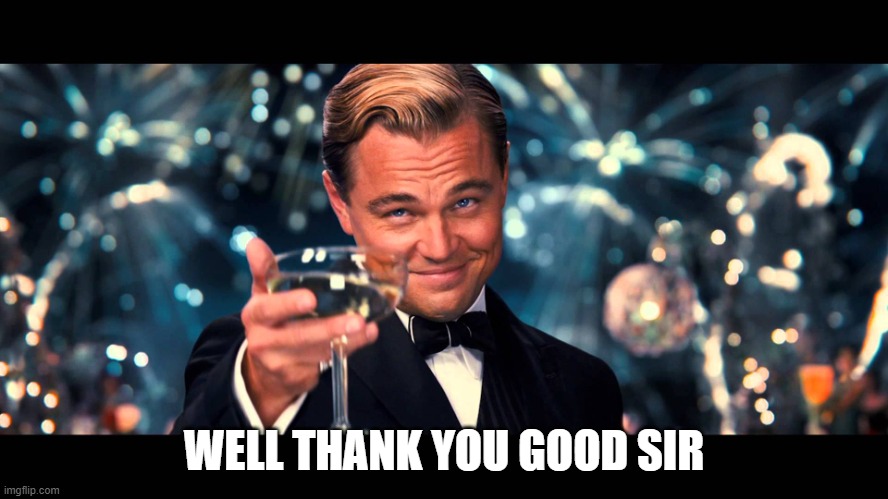 lionardo dicaprio thank you | WELL THANK YOU GOOD SIR | image tagged in lionardo dicaprio thank you | made w/ Imgflip meme maker