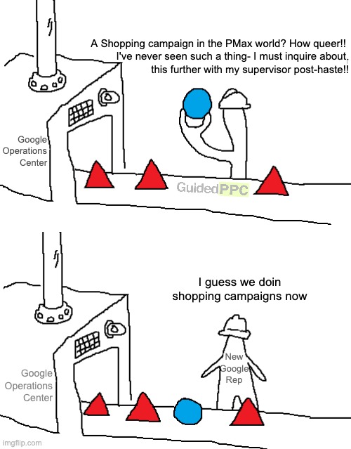 Shopping vs PMax to a new Google Rep | A Shopping campaign in the PMax world? How queer!! 
I've never seen such a thing- I must inquire about 
this further with my supervisor post-haste!! Google
Operations
Center; I guess we doin shopping campaigns now; New
Google
Rep; Google
Operations
Center | image tagged in i guess we doin circles now,google ads,shopping,ads,memes | made w/ Imgflip meme maker