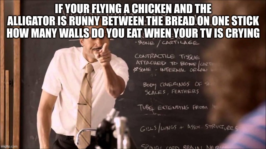 Key and Peele Substitute Teacher | IF YOUR FLYING A CHICKEN AND THE ALLIGATOR IS RUNNY BETWEEN THE BREAD ON ONE STICK HOW MANY WALLS DO YOU EAT WHEN YOUR TV IS CRYING | image tagged in key and peele substitute teacher | made w/ Imgflip meme maker