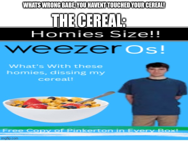 BEST CEREAL | WHATS WRONG BABE, YOU HAVENT TOUCHED YOUR CEREAL! THE CEREAL: | image tagged in weezer,cereal,food | made w/ Imgflip meme maker