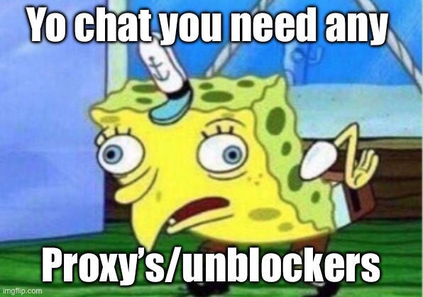 Mocking Spongebob Meme | Yo chat you need any; Proxy’s/unblockers | image tagged in memes,mocking spongebob | made w/ Imgflip meme maker