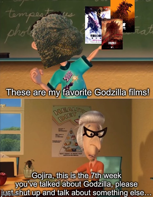 Slander against myself | These are my favorite Godzilla films! Gojira, this is the 7th week you’ve talked about Godzilla, please just shut up and talk about something else… | image tagged in jimmy neutron meme,slander,favorites | made w/ Imgflip meme maker