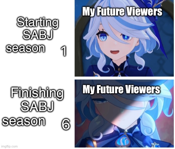 Yeah… this is probs how it will be, idk | My Future Viewers; Starting SABJ season 1; Finishing SABJ season 6; My Future Viewers | image tagged in furina happy sad,angry birds,genshin impact | made w/ Imgflip meme maker