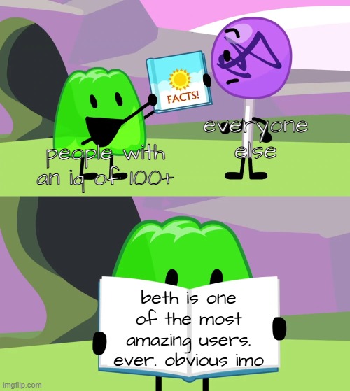 beth u are amazing!!! | everyone else; people with an iq of 100+; beth is one of the most amazing users. ever. obvious imo | image tagged in gelatin's book of facts | made w/ Imgflip meme maker