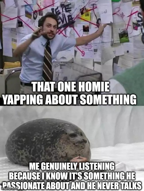 Man explaining to seal | THAT ONE HOMIE YAPPING ABOUT SOMETHING; ME GENUINELY LISTENING BECAUSE I KNOW IT'S SOMETHING HE PASSIONATE ABOUT AND HE NEVER TALKS | image tagged in man explaining to seal | made w/ Imgflip meme maker