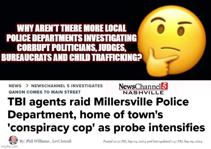 Any Law Enforcement That Doesn't Uphold Their Oath To The Constitution Is Nothing More Than A Deep State Puppet | WHY AREN'T THERE MORE LOCAL POLICE DEPARTMENTS INVESTIGATING CORRUPT POLITICIANS, JUDGES, BUREAUCRATS AND CHILD TRAFFICKING? | image tagged in government corruption,politics,dark to light,the great awakening,maga,corruption | made w/ Imgflip meme maker