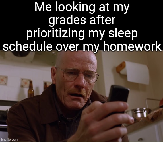 Walter White on his Phone | Me looking at my grades after prioritizing my sleep schedule over my homework | image tagged in walter white on his phone | made w/ Imgflip meme maker