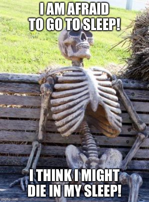 Waiting Skeleton Meme | I AM AFRAID TO GO TO SLEEP! I THINK I MIGHT DIE IN MY SLEEP! | image tagged in memes,waiting skeleton | made w/ Imgflip meme maker