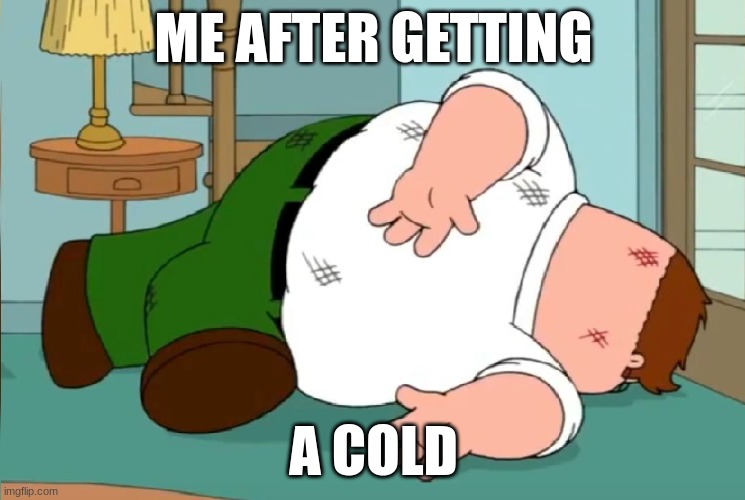 me after catching a cold | ME AFTER GETTING; A COLD | image tagged in peter griffin injured | made w/ Imgflip meme maker