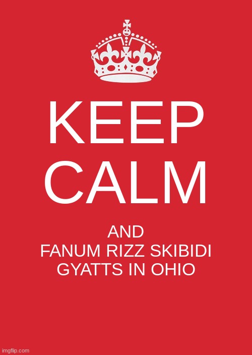 Keep Calm And Carry On Red | KEEP
CALM; AND
FANUM RIZZ SKIBIDI GYATTS IN OHIO | image tagged in memes,keep calm and carry on red | made w/ Imgflip meme maker