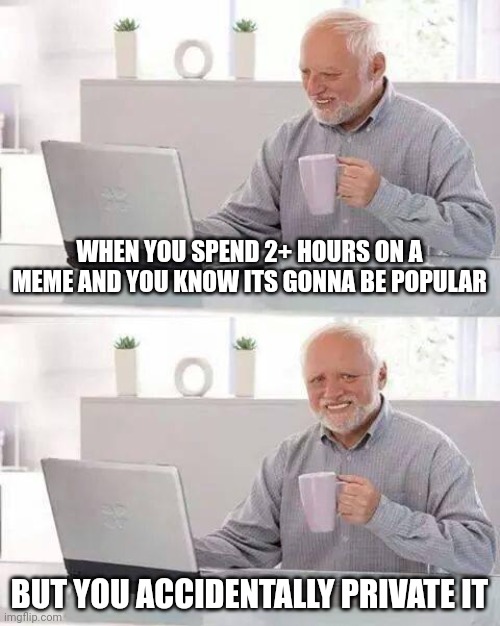 Hide the Pain Harold | WHEN YOU SPEND 2+ HOURS ON A MEME AND YOU KNOW ITS GONNA BE POPULAR; BUT YOU ACCIDENTALLY PRIVATE IT | image tagged in memes,hide the pain harold | made w/ Imgflip meme maker