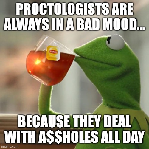 But That's None Of My Business Meme | PROCTOLOGISTS ARE ALWAYS IN A BAD MOOD... BECAUSE THEY DEAL WITH A$$HOLES ALL DAY | image tagged in memes,but that's none of my business,kermit the frog | made w/ Imgflip meme maker
