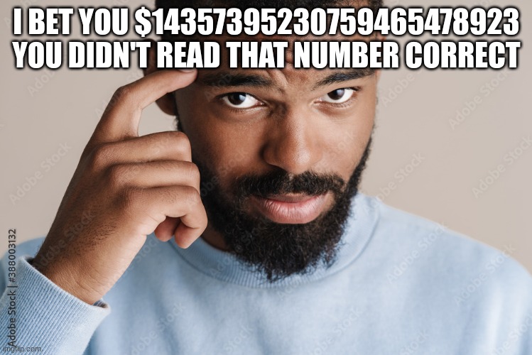 Big brain | I BET YOU $14357395230759465478923 YOU DIDN'T READ THAT NUMBER CORRECT | image tagged in money | made w/ Imgflip meme maker