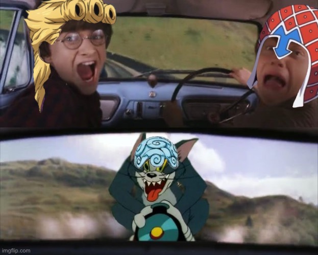 Pretty sure I found the perfect representation of this fight | image tagged in tom chasing harry and ron weasly,jojo's bizarre adventure | made w/ Imgflip meme maker