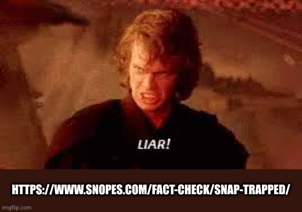 Anakin Liar | HTTPS://WWW.SNOPES.COM/FACT-CHECK/SNAP-TRAPPED/ | image tagged in anakin liar | made w/ Imgflip meme maker