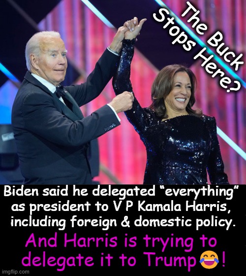 Until today, Kamala hadn't even been to the border yet blames Trump for the chaos.... | The Buck Stops Here? Biden said he delegated “everything” 
as president to V P Kamala Harris, 
including foreign & domestic policy. And Harris is trying to 
delegate it to Trump😂! | image tagged in joe biden,kamala harris,blame game,open borders,poor policies,political humor | made w/ Imgflip meme maker