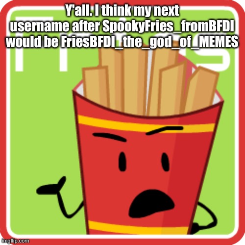 FriesBFDI. fanmade voting icon | Y'all. I think my next username after SpookyFries_fromBFDI would be FriesBFDI_the_god_of_MEMES | image tagged in friesbfdi fanmade voting icon | made w/ Imgflip meme maker