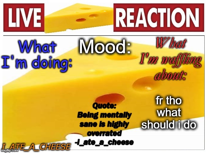 i_ate_a_cheese announcement template NEW | fr tho what should i do | made w/ Imgflip meme maker