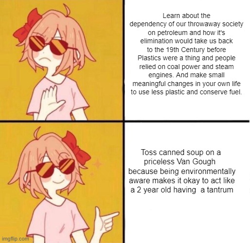 Destructive Virtue Signaling of L*uft Wing Activism | Learn about the dependency of our throwaway society on petroleum and how it's elimination would take us back to the 19th Century before Plastics were a thing and people relied on coal power and steam engines. And make small meaningful changes in your own life to use less plastic and conserve fuel. Toss canned soup on a 
priceless Van Gough  
 because being environmentally 
aware makes it okay to act like
a 2 year old having  a tantrum | image tagged in no yes girl | made w/ Imgflip meme maker