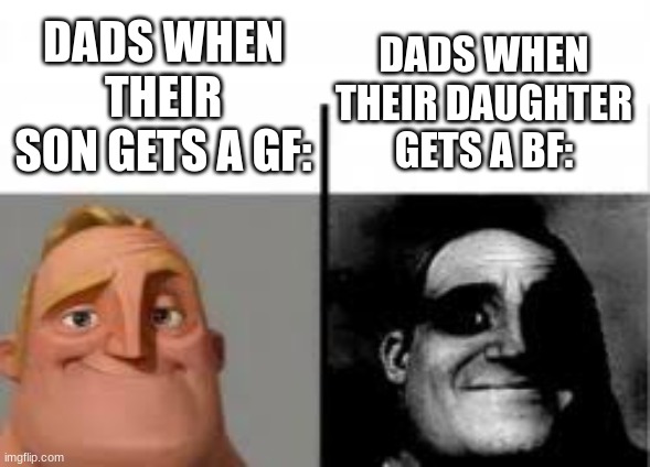 1: Way to go, Son! 2: I just want to talk to him. *Loads shotgun* | DADS WHEN THEIR DAUGHTER GETS A BF:; DADS WHEN THEIR SON GETS A GF: | image tagged in canny vs uncanny,funny | made w/ Imgflip meme maker