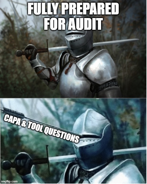 audit and capa | FULLY PREPARED FOR AUDIT; CAPA & TOOL QUESTIONS | image tagged in knight with arrow in helmet | made w/ Imgflip meme maker