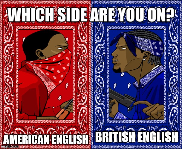 WHICH SIDE ARE YOU ON? | AMERICAN ENGLISH; BRITISH ENGLISH | image tagged in which side are you on | made w/ Imgflip meme maker