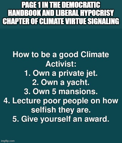 page 2 pandering to mental illness | PAGE 1 IN THE DEMOCRATIC HANDBOOK AND LIBERAL HYPOCRISY CHAPTER OF CLIMATE VIRTUE SIGNALING | image tagged in stupid liberals,climate change,hoax,funny memes,truth,donald trump approves | made w/ Imgflip meme maker