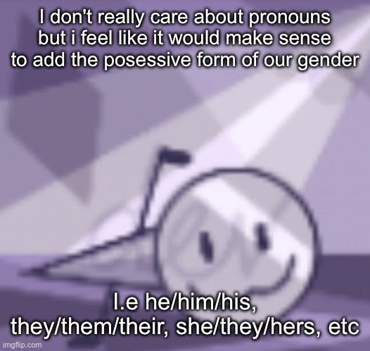 goober v2 | I don't really care about pronouns but i feel like it would make sense to add the posessive form of our gender; I.e he/him/his, they/them/their, she/they/hers, etc | image tagged in goober v2 | made w/ Imgflip meme maker