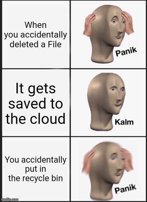 Computers be like | When you accidentally deleted a File; It gets saved to the cloud; You accidentally put in the recycle bin | image tagged in memes,panik kalm panik,computer,windows,delete | made w/ Imgflip meme maker