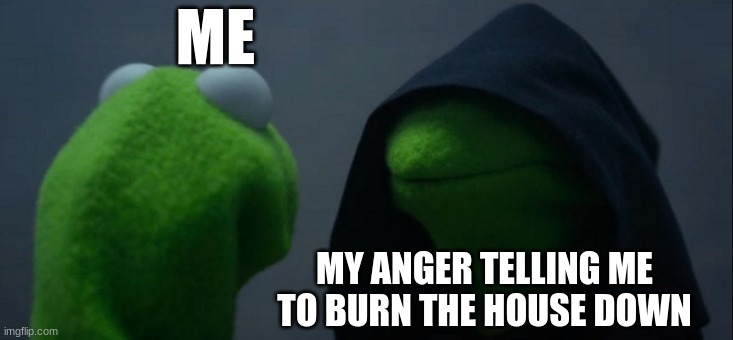 Evil Kermit Meme | ME; MY ANGER TELLING ME TO BURN THE HOUSE DOWN | image tagged in memes,evil kermit | made w/ Imgflip meme maker