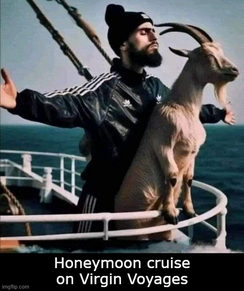 Honeymoon cruise | Honeymoon cruise on Virgin Voyages | image tagged in titanic,cruise ship,cruise,goat,illegal immigration,immigration | made w/ Imgflip meme maker