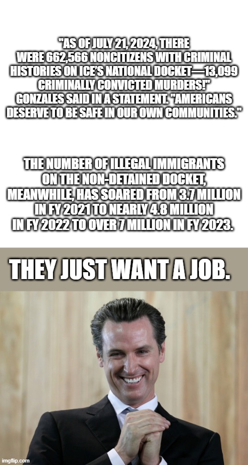 Do the Math | "AS OF JULY 21, 2024, THERE WERE 662,566 NONCITIZENS WITH CRIMINAL HISTORIES ON ICE’S NATIONAL DOCKET—13,099 CRIMINALLY CONVICTED MURDERS!" GONZALES SAID IN A STATEMENT. "AMERICANS DESERVE TO BE SAFE IN OUR OWN COMMUNITIES."; THE NUMBER OF ILLEGAL IMMIGRANTS ON THE NON-DETAINED DOCKET, MEANWHILE, HAS SOARED FROM 3.7 MILLION IN FY 2021 TO NEARLY 4.8 MILLION IN FY 2022 TO OVER 7 MILLION IN FY 2023. THEY JUST WANT A JOB. | image tagged in memes,blank transparent square,scheming gavin newsom | made w/ Imgflip meme maker