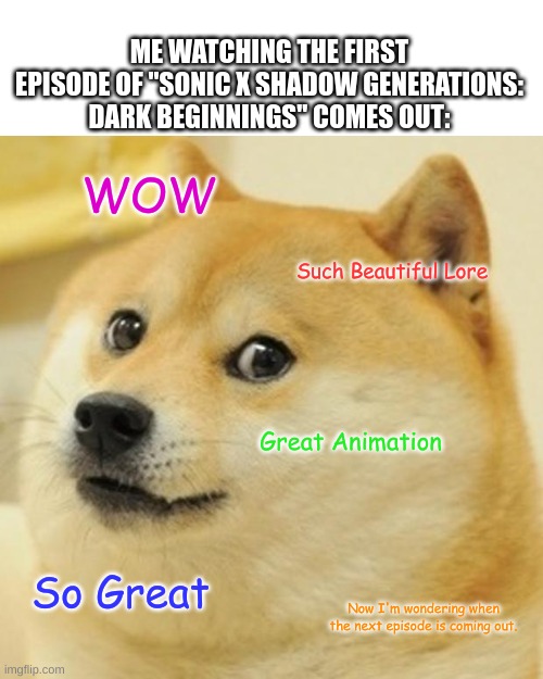 Who else? | ME WATCHING THE FIRST EPISODE OF "SONIC X SHADOW GENERATIONS: DARK BEGINNINGS" COMES OUT:; WOW; Such Beautiful Lore; Great Animation; So Great; Now I'm wondering when the next episode is coming out. | image tagged in memes,doge,sonic the hedgehog,shadow the hedgehog,video games,animation | made w/ Imgflip meme maker