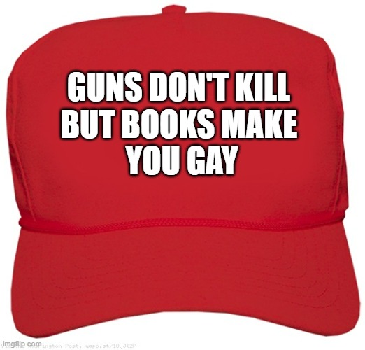 Cause and Effect? | GUNS DON'T KILL; BUT BOOKS MAKE 
YOU GAY | image tagged in blank red maga hat,trump | made w/ Imgflip meme maker