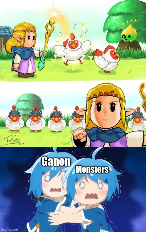 A ultimate secret weapon against Ganon and his minions. | Ganon; Monsters | image tagged in funny,the legend of zelda echoes of wisdom,cucco | made w/ Imgflip meme maker