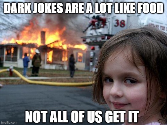 What sun | DARK JOKES ARE A LOT LIKE FOOD; NOT ALL OF US GET IT | image tagged in memes,disaster girl,dark,stupid,unoriginal,repost | made w/ Imgflip meme maker