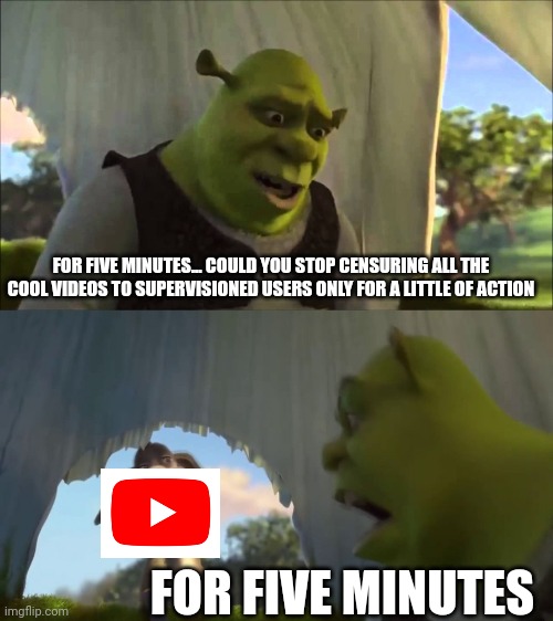 I dont get YouTube mentality | FOR FIVE MINUTES... COULD YOU STOP CENSURING ALL THE COOL VIDEOS TO SUPERVISIONED USERS ONLY FOR A LITTLE OF ACTION; FOR FIVE MINUTES | image tagged in shrek five minutes | made w/ Imgflip meme maker