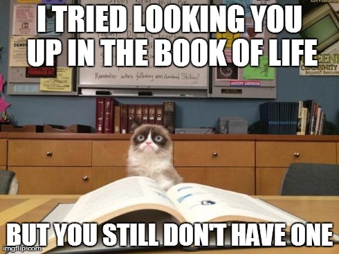 Book of Life | I TRIED LOOKING YOU UP IN THE BOOK OF LIFE BUT YOU STILL DON'T HAVE ONE | image tagged in grumpy cat studying,memes,grumpy cat,lol | made w/ Imgflip meme maker