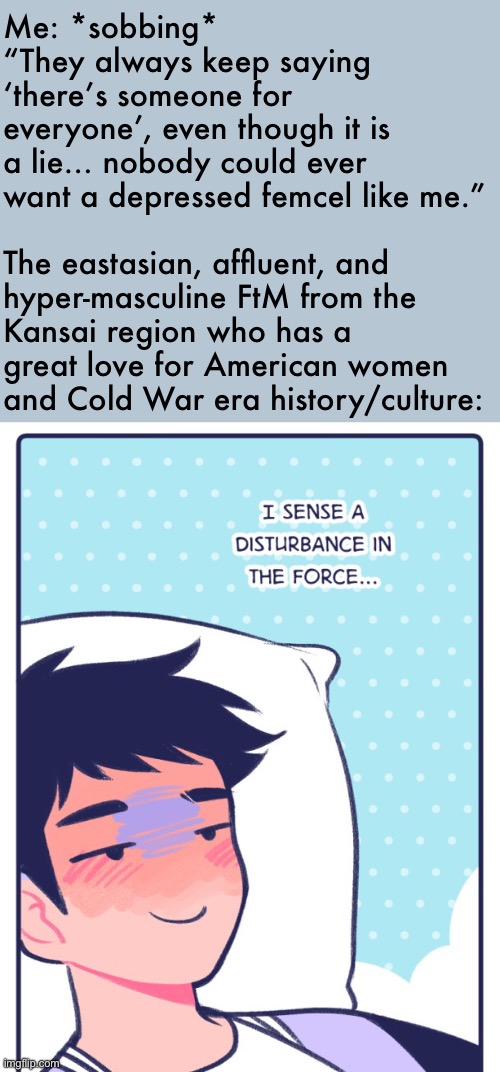 Opposites attract, innit? | Me: *sobbing* “They always keep saying ‘there’s someone for everyone’, even though it is a lie… nobody could ever want a depressed femcel like me.”
 
The eastasian, affluent, and hyper-masculine FtM from the Kansai region who has a great love for American women and Cold War era history/culture: | image tagged in jock senses a disturbance in the force,japanese,american,dating,femcel,housewife | made w/ Imgflip meme maker