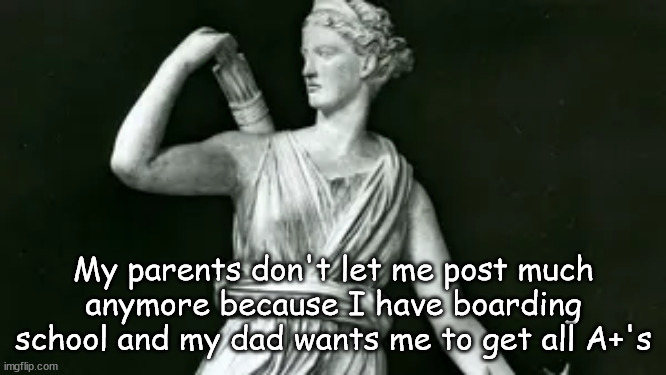 Artemis | My parents don't let me post much anymore because I have boarding school and my dad wants me to get all A+'s | image tagged in artemis | made w/ Imgflip meme maker