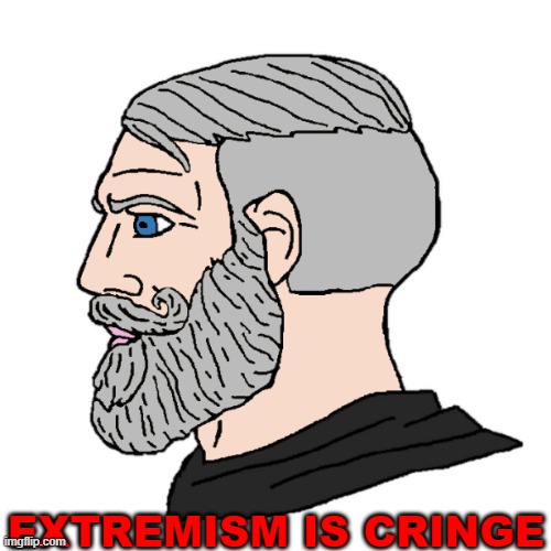 not just communism is bad but also all extremism | EXTREMISM IS CRINGE | image tagged in old yes chad | made w/ Imgflip meme maker