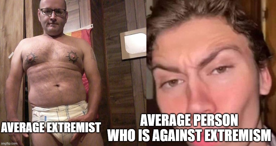 world would be much better without any extremism | AVERAGE EXTREMIST; AVERAGE PERSON WHO IS AGAINST EXTREMISM | image tagged in virgin vs chad,facts | made w/ Imgflip meme maker